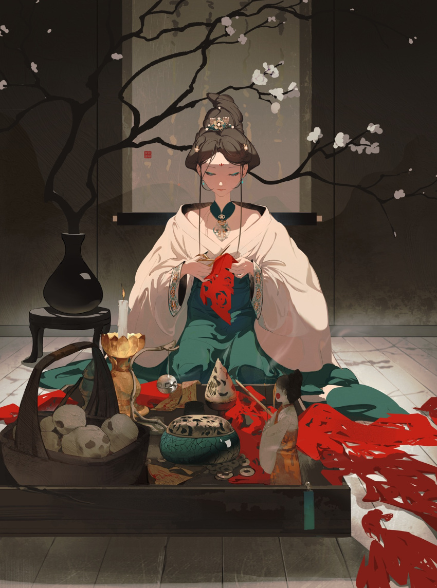 1girl, basket, black_hair, candle, cherry_blossoms, chinese_clothes, coin, cutting
