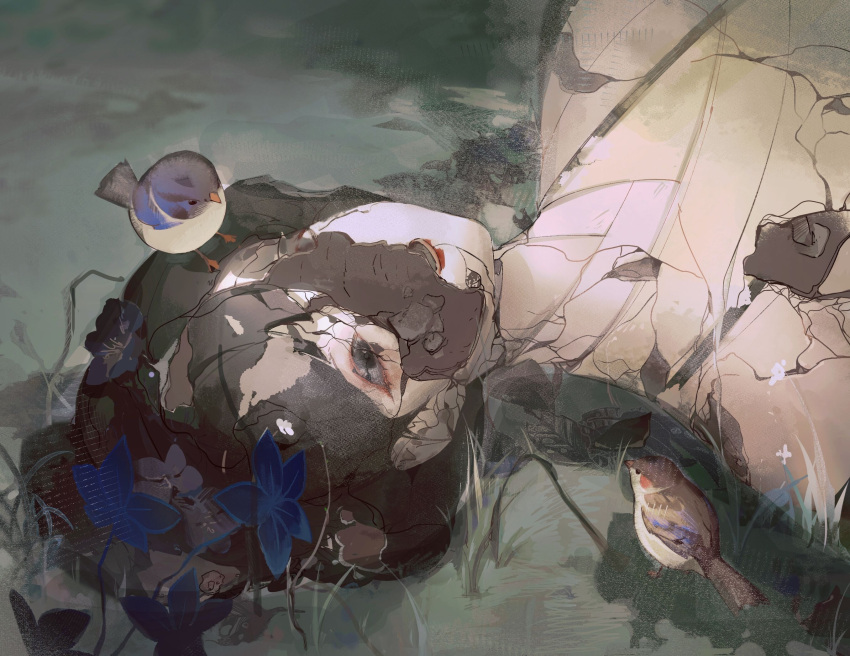 1girl, abandoned, bird, bird_request, black_eyes, black_hair, blue_flower, broken
