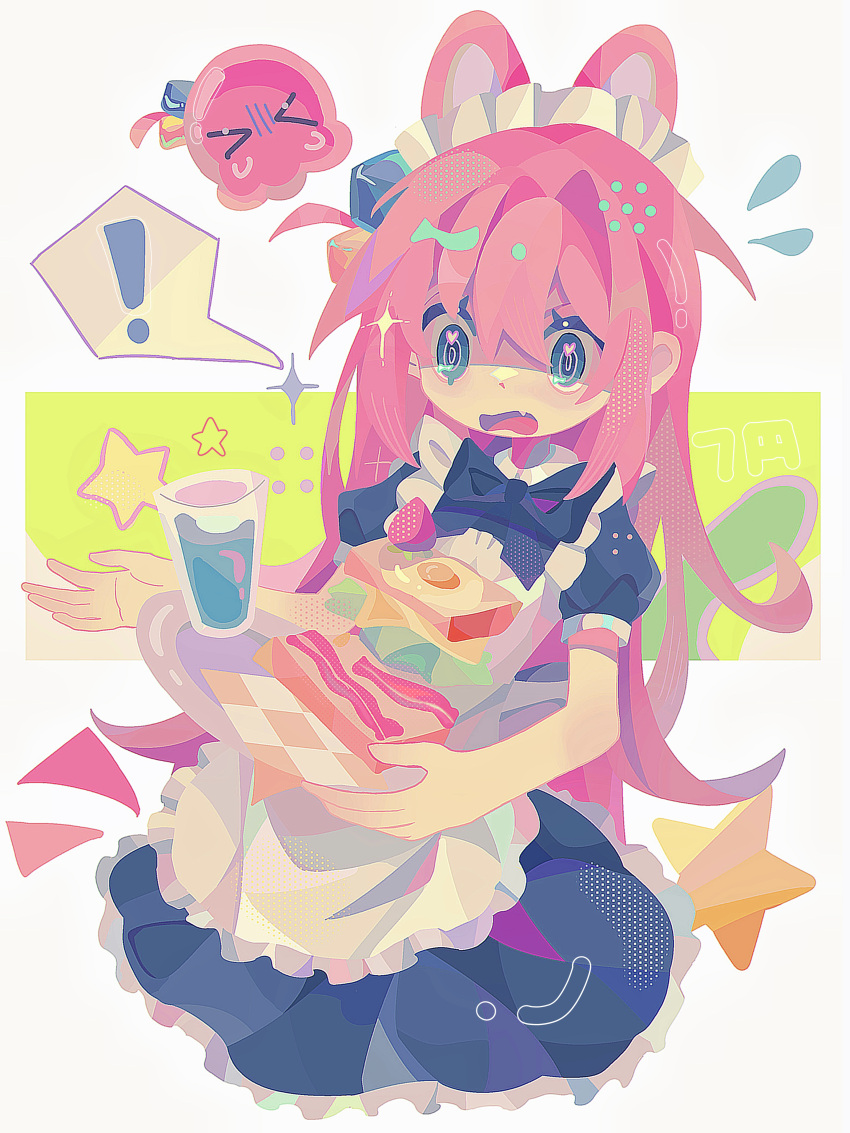 !, >_<, 1girl, absurdres, alternate_costume, animal_ears, apron, black_bow