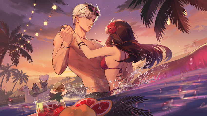 absurdres, beach, bikini, bikini_top_only, blood_orange, boat, brown_hair, clouds