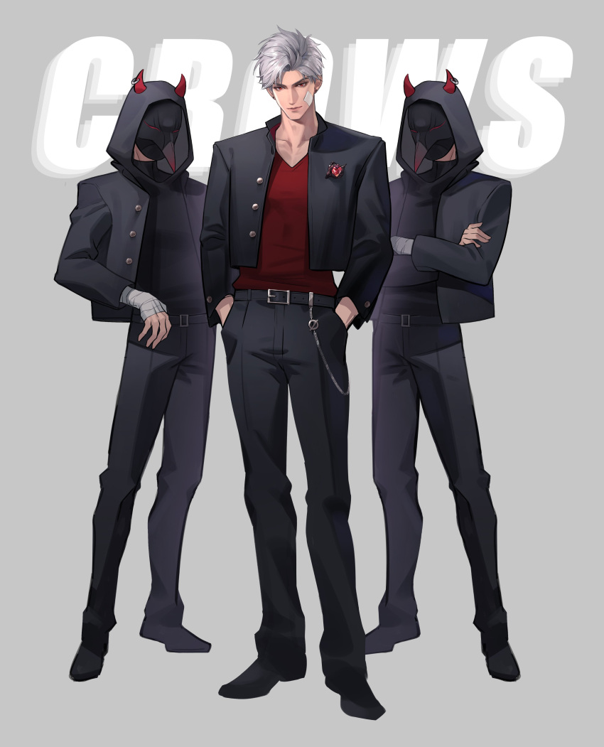 3boys, absurdres, bandage_on_cheek, bandaged_hand, bandages, belt, black_belt, black_hoodie