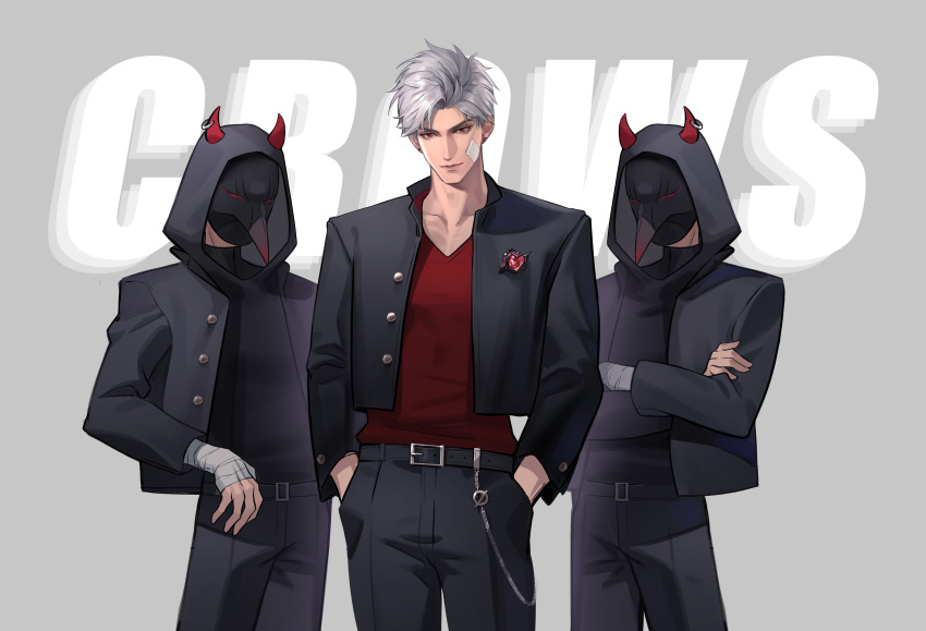 3boys, absurdres, bandage_on_cheek, bandaged_hand, bandages, belt, black_belt, black_hoodie