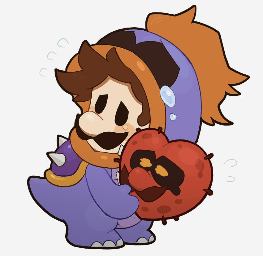 1boy, alternate_costume, brown_hair, chibi, costume, facial_hair, highres, luigi, mimimi_(mimimim9999), mustache, paper_mario, paper_mario_64, shell, solo, spiked_shell, super_mario_bros., tubba's_heart, tubba_blubba