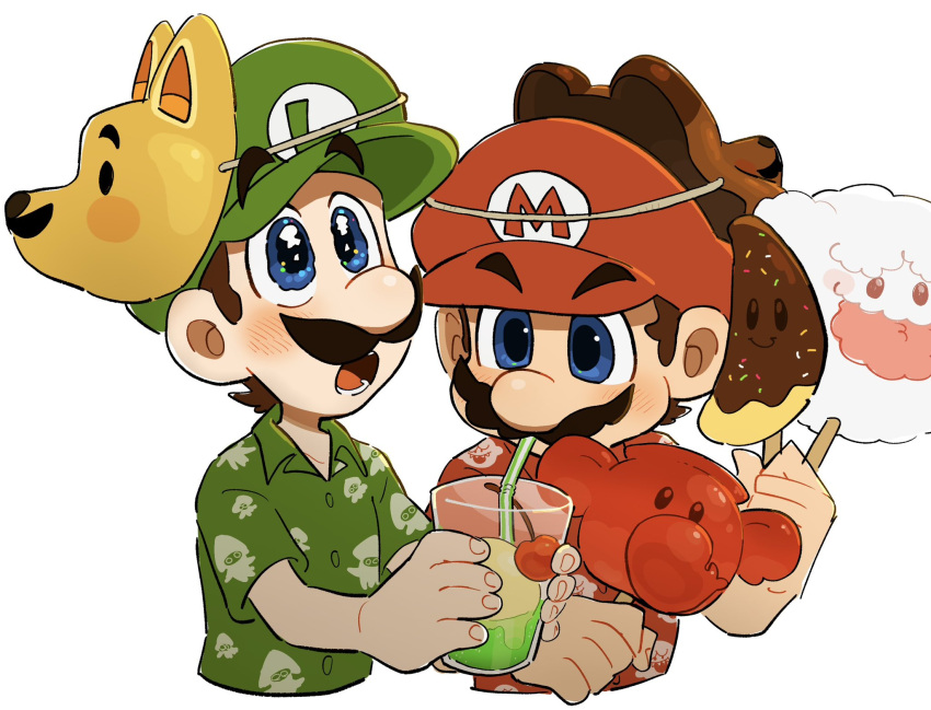 2boys, alternate_costume, blooper_(mario), blue_eyes, boo_(mario), brown_hair, cotton_candy, elephant_fruit