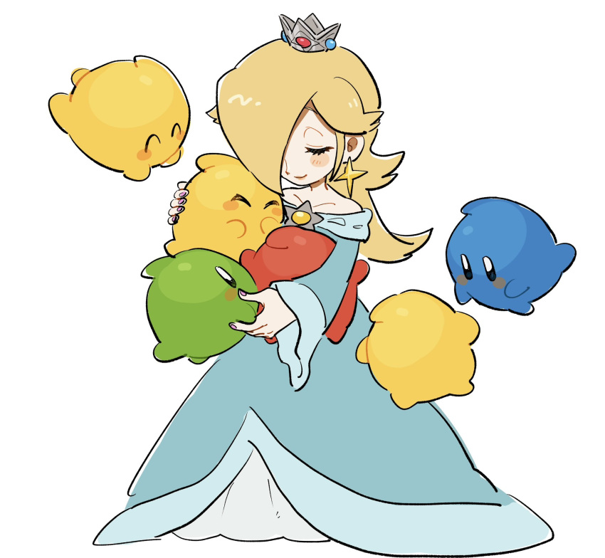 1girl, aqua_dress, aqua_eyes, bare_shoulders, blonde_hair, breasts, brooch, crown, dress, earrings, hair_over_one_eye, highres, hug, jewelry, long_hair, long_sleeves, luma_(mario), medium_breasts, mimimi_(mimimim9999), off-shoulder_dress, off_shoulder, rosalina, star_(symbol), star_brooch, star_earrings, star_wand, super_mario_bros., wand
