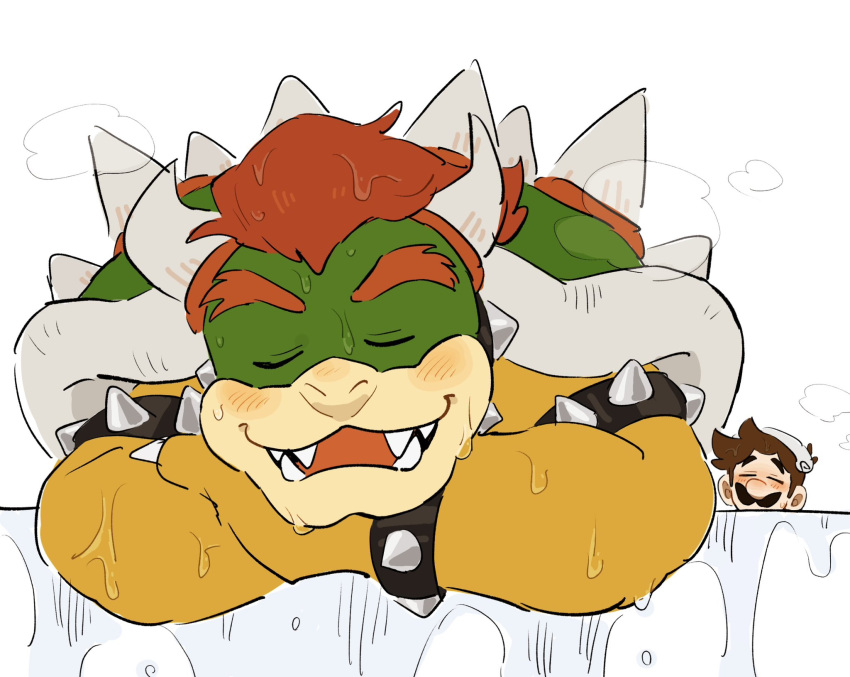 2boys, blonde_hair, blue_eyes, bowser, bracelet, brown_hair, facial_hair, gloves