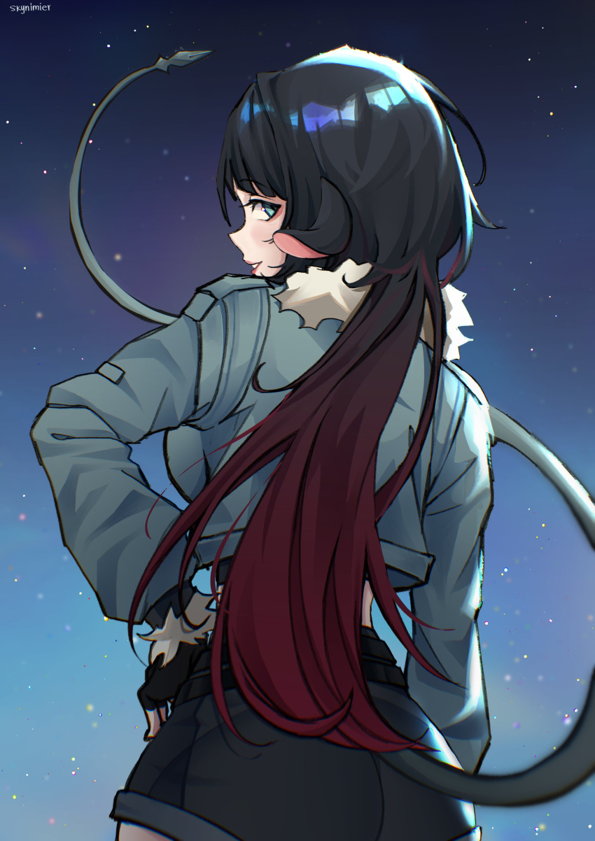 1girl, absurdres, animal_ears, aqua_eyes, from_behind, fur-trimmed_jacket, fur_trim, highres