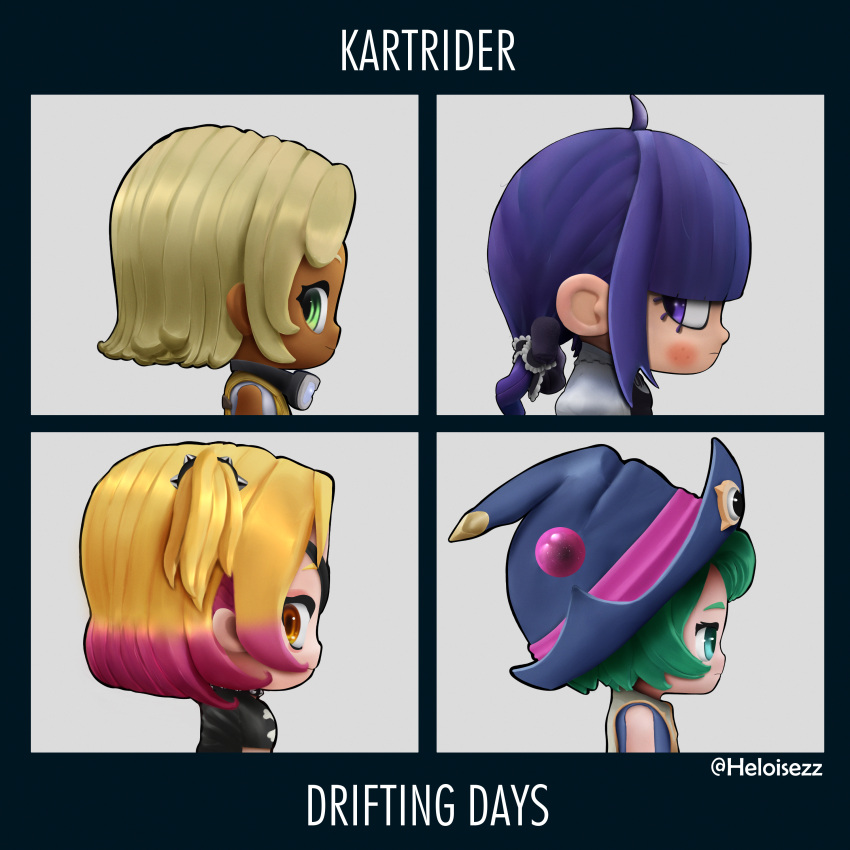 4girls, :i, absurdres, ahoge, airi_(kartrider), bare_shoulders, blonde_hair, blue_eyes, blunt_bangs, blush, bow, choker, collar, dark-skinned_female, dark_skin, eyepatch, from_side, goggles, gorillaz, gradient_hair, green_eyes, green_hair, hat, heloise, high_side_ponytail, highres, jacket, kartrider, kartrider:_drift, kris_(kartrider), looking_to_the_side, low_twintails, midriff, multicolored_hair, multiple_girls, orb, pink_hair, purple_hair, short_hair, side_ponytail, smile, sophia_(kartrider), spiked_collar, spikes, tiera_(kartrider), twintails, two-tone_hair, violet_eyes, witch_hat