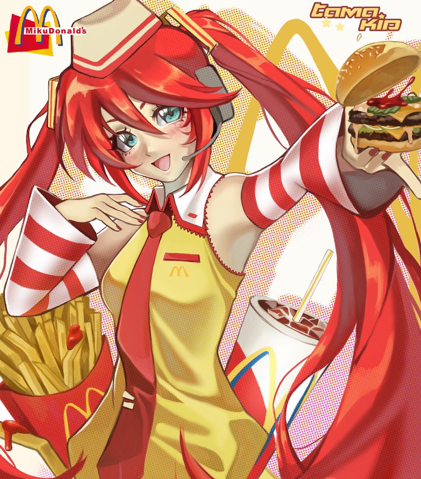1girl, alternate_color, aqua_eyes, burger, commentary, cup, english_commentary, food