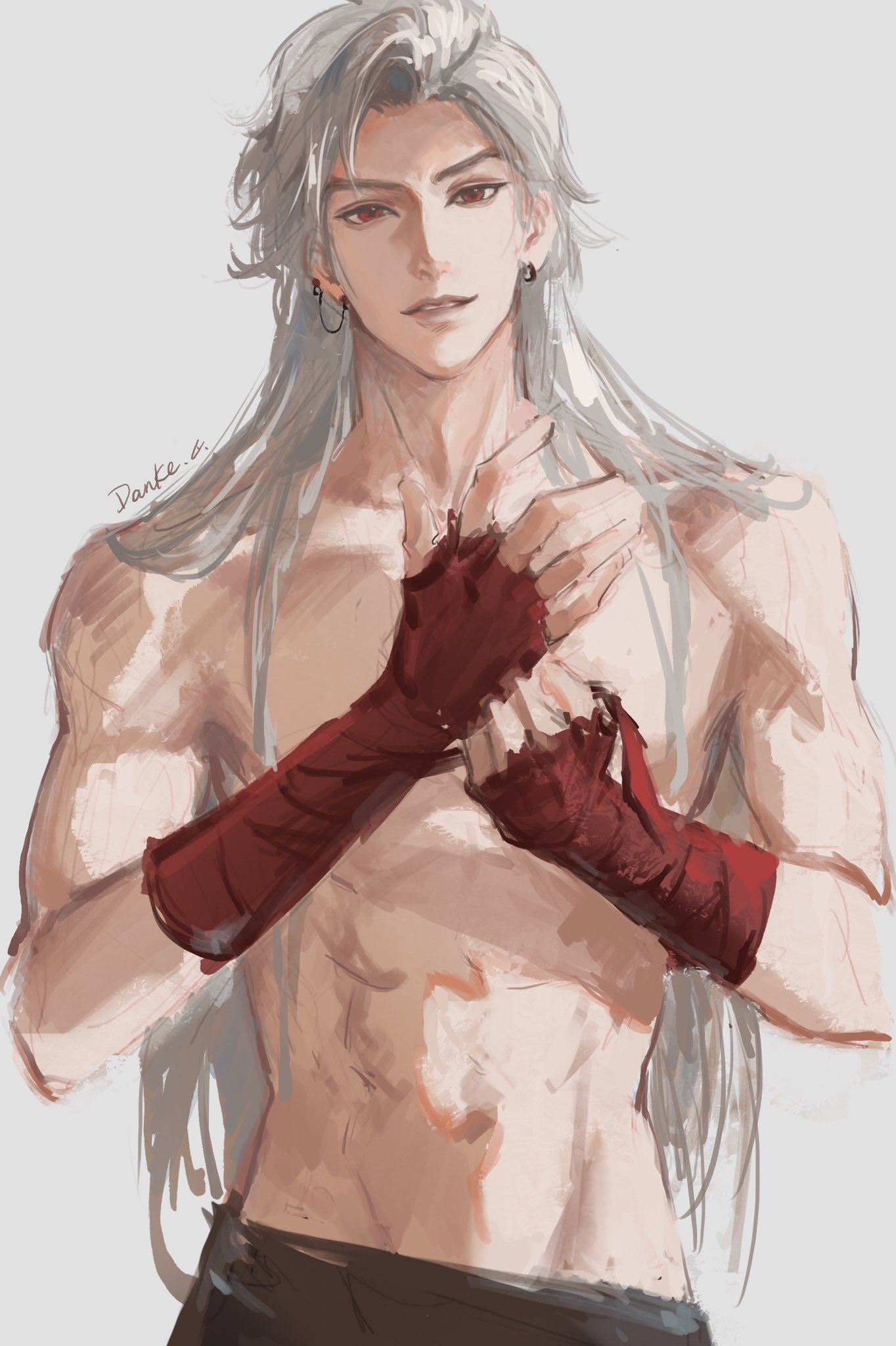 1boy, alternate_hair_length, alternate_hairstyle, arm_wrap, danke_reverse_d, earrings, grey_background, highres