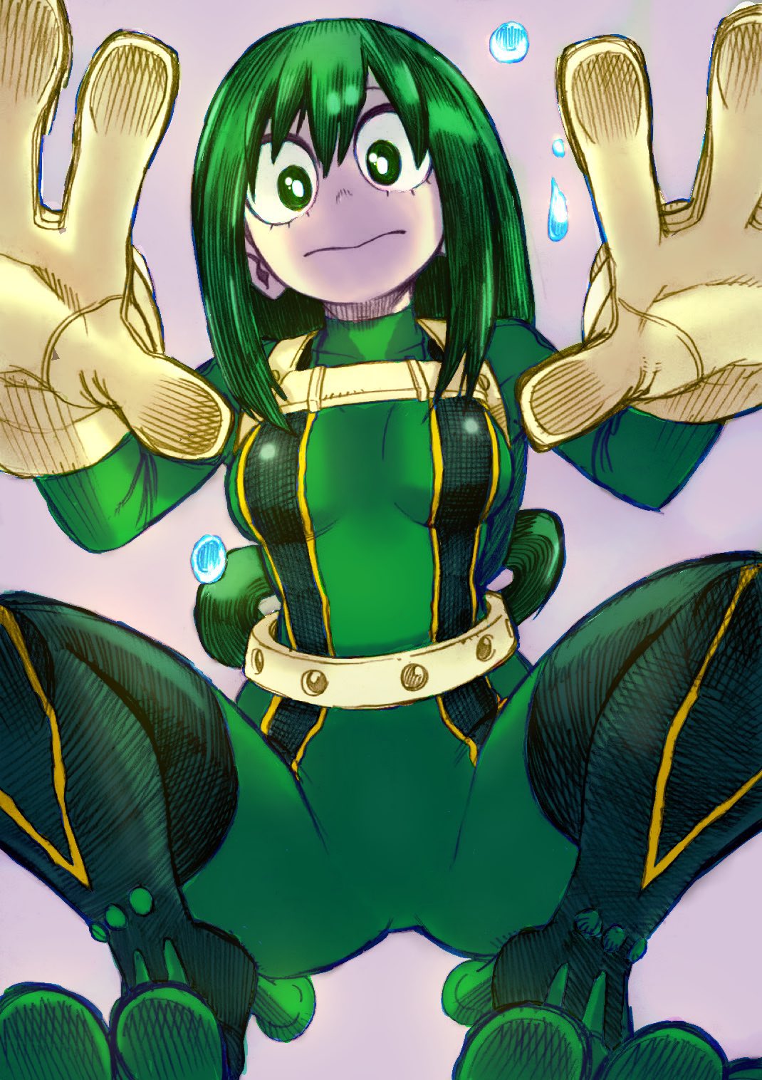 1girl, :>, asui_tsuyu, balefulgiggi, belt, bodysuit, boku_no_hero_academia, boots