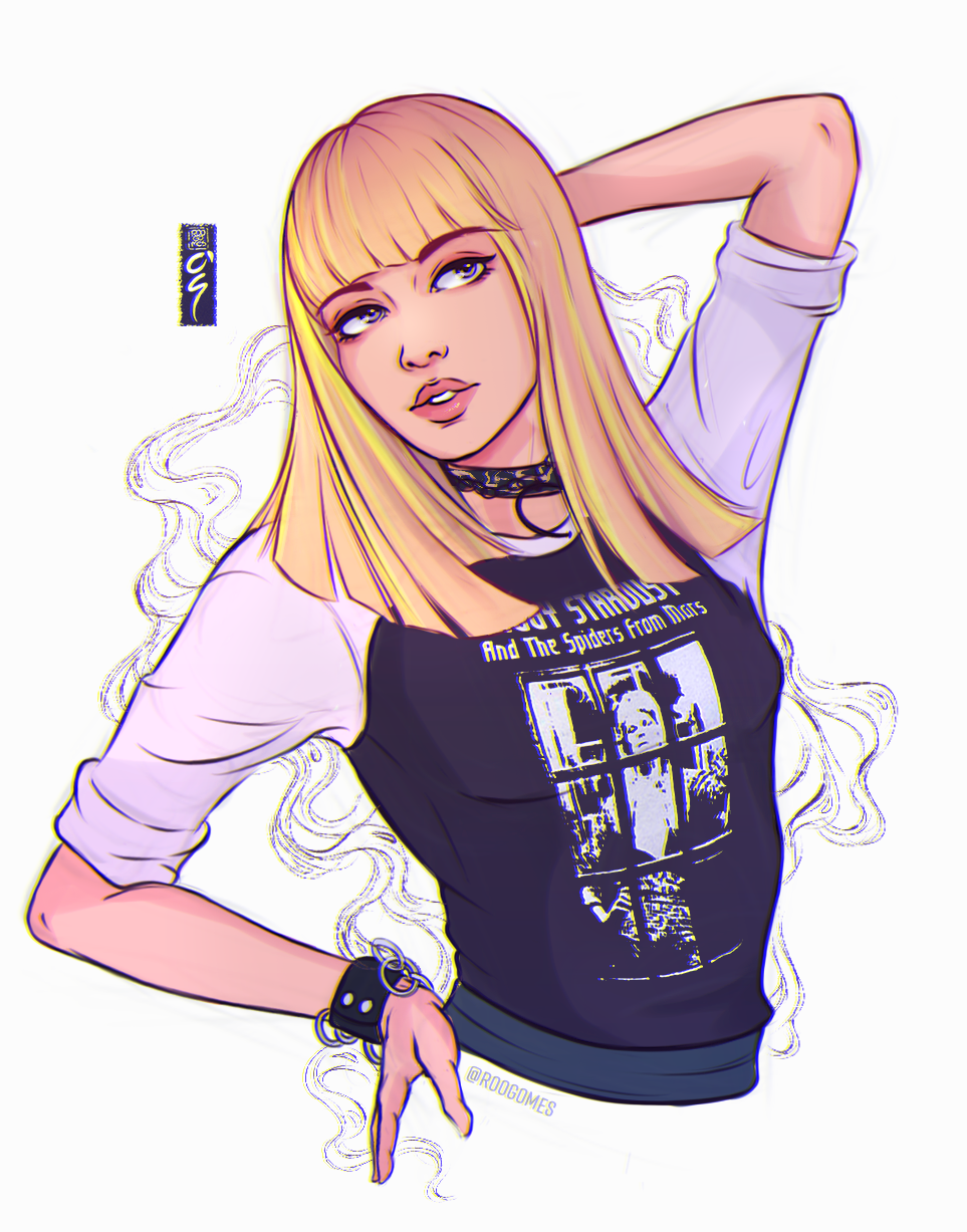 1girl, blackpink, blonde_hair, blunt_bangs, bracelet, choker, commentary, cropped_torso