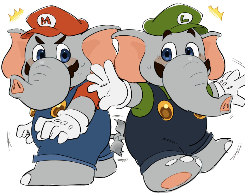 2boys, blue_eyes, blue_overalls, blush, clenched_hands, elephant_boy, elephant_luigi, elephant_mario
