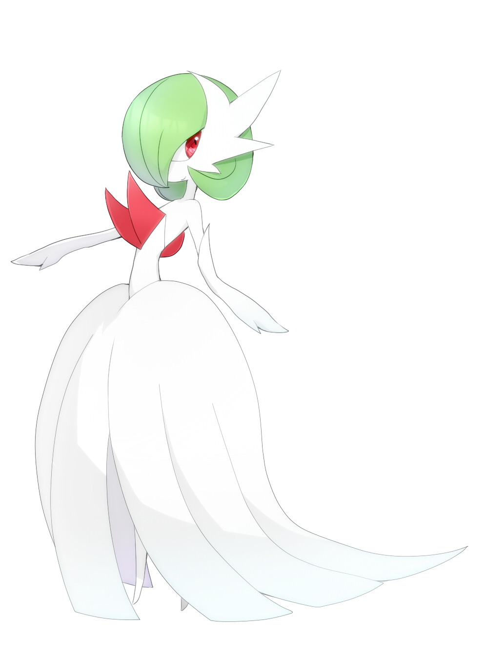 bob_cut, colored_skin, dress, elbow_gloves, gardevoir, gloves, green_hair, hair_over_one_eye