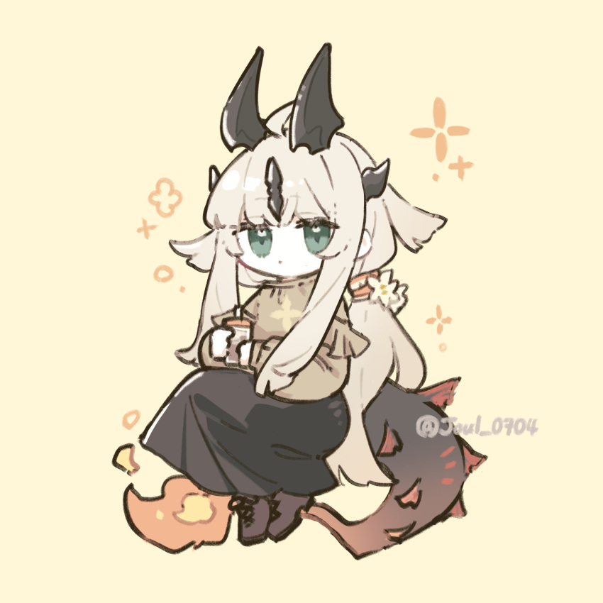 1girl, arknights, black_horns, black_skirt, black_tail, blonde_hair, brown_shirt, brown_tail, chibi, closed_mouth, commentary, dot_mouth, drink, eyes_visible_through_hair, fire, flame-tipped_tail, full_body, green_eyes, highres, holding, holding_drink, horns, joul_0704, long_hair, long_sleeves, looking_at_viewer, no_nose, reed_(arknights), shirt, simple_background, skirt, solo, tail, twitter_username, yellow_background