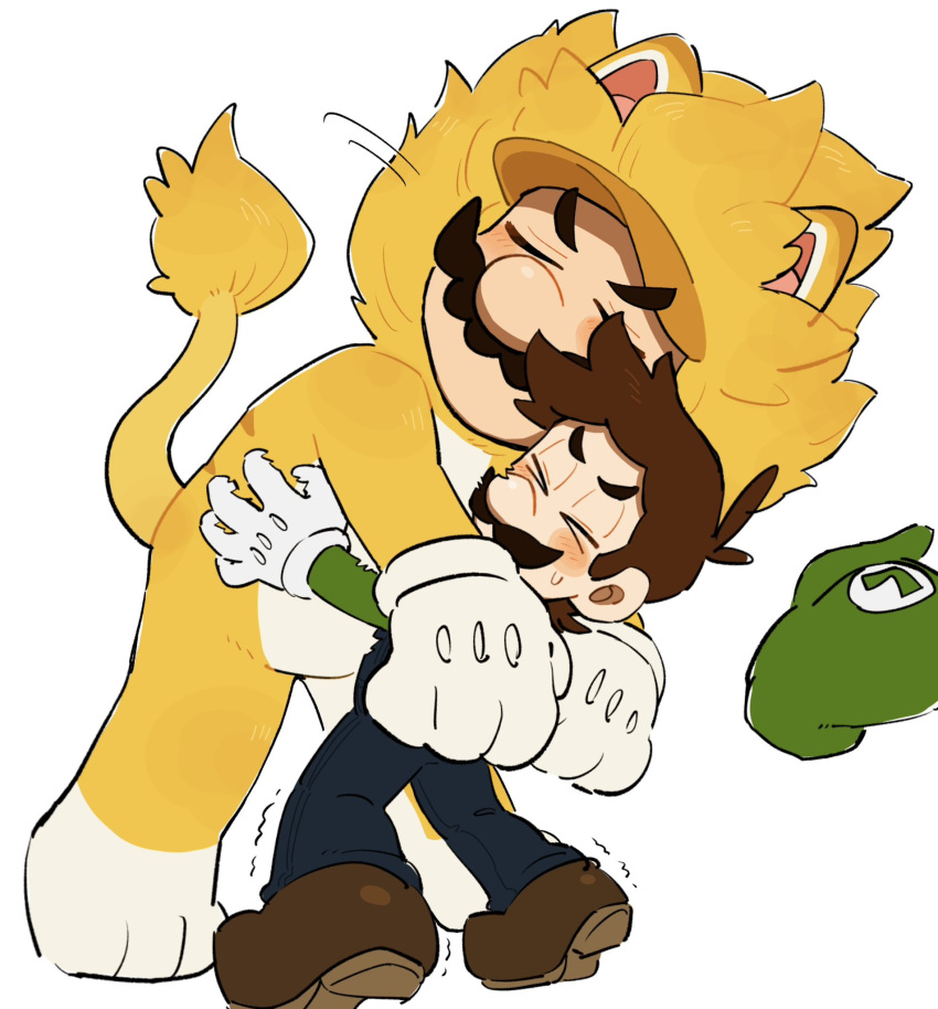 2boys, blue_eyes, blue_overalls, brown_hair, cat_mario, facial_hair, giga_cat_mario, gloves