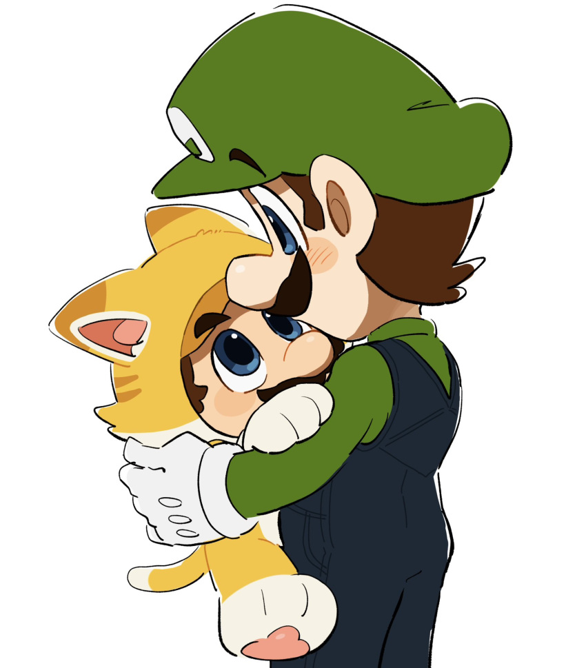 2boys, blue_eyes, blue_overalls, brown_hair, cat_mario, facial_hair, gloves, green_shirt