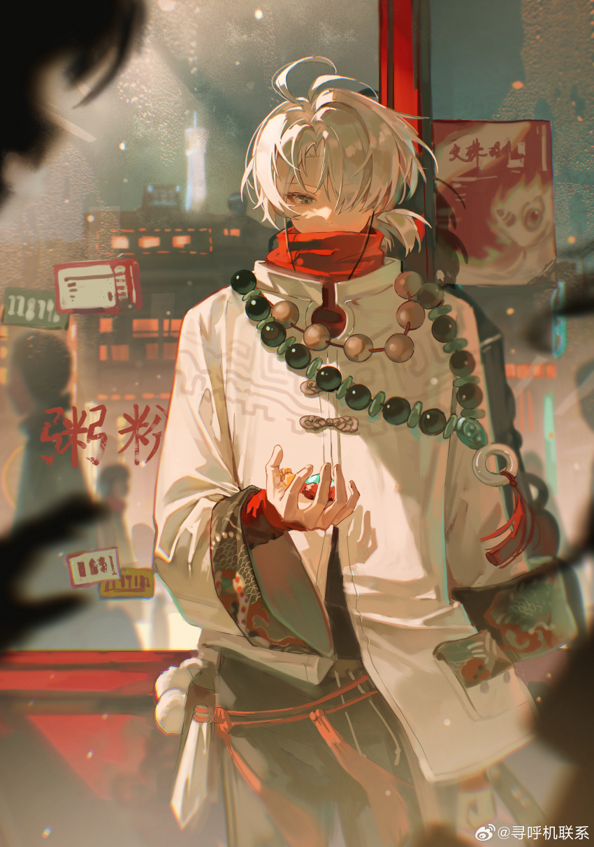 1boy, absurdres, against_window, black_pants, blue_eyes, blurry, blurry_foreground, building