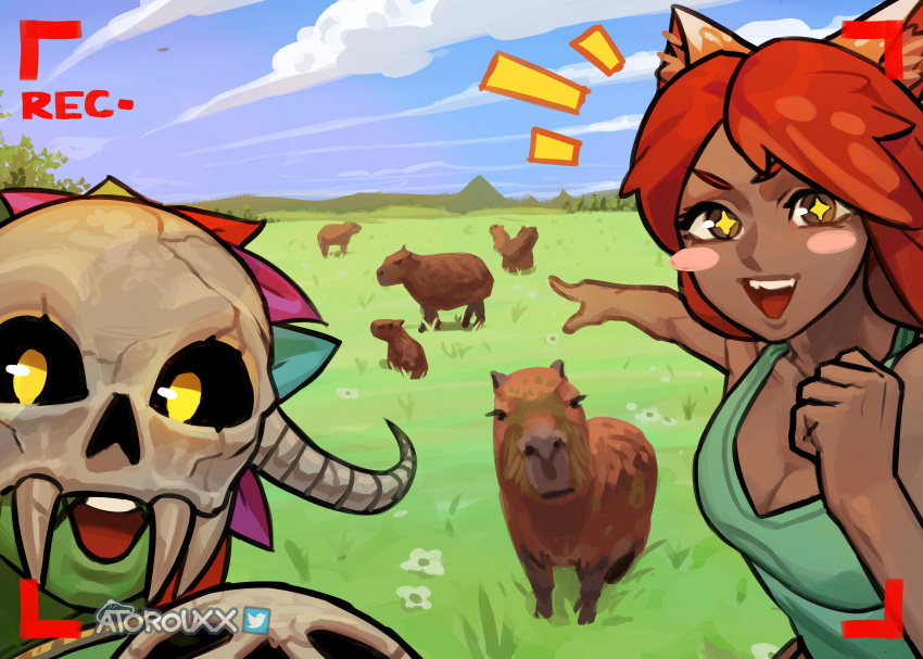 +_+, absurdres, animal_ears, artist_name, atoroux, blue_sky, blush_stickers, capybara, clenched_hand, clouds, flower, fox_ears, grass, happy, highres, looking_at_viewer, meme, mountain, mountainous_horizon, nature, pointing, recording, sky, smile, talking, terraria, tree, two_soyjaks_pointing_(meme), white_flower, witch_doctor_(terraria), yellow_eyes, zoologist_(terraria)