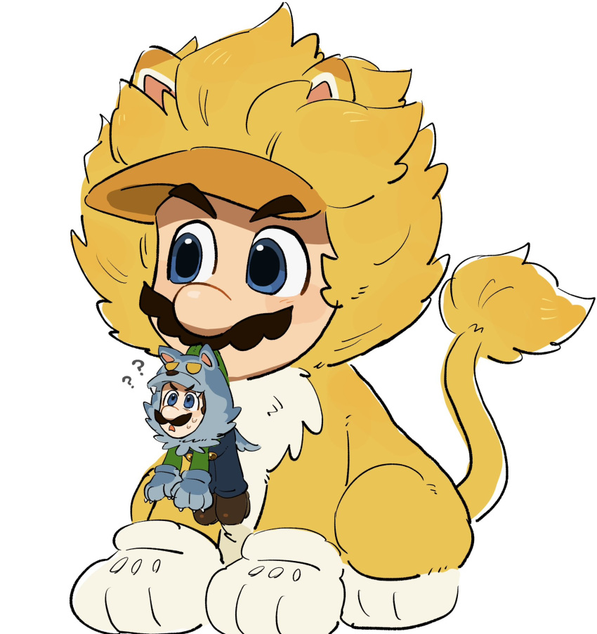 2boys, animal_costume, blue_eyes, blue_overalls, brown_hair, cat_mario, facial_hair, giga_cat_mario