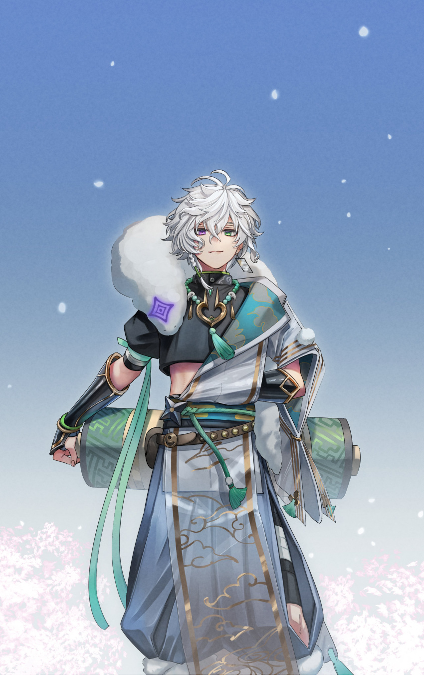 1boy, absurdres, antenna_hair, aragi_suisei, arm_behind_back, armor, bandaged_leg, bandages