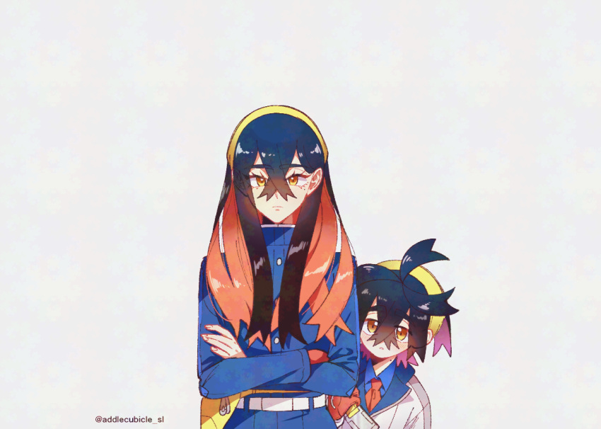1boy, 1girl, addlecubicle_sl, black_hair, blue_jacket, brother_and_sister, carmine_(pokemon), colored_inner_hair