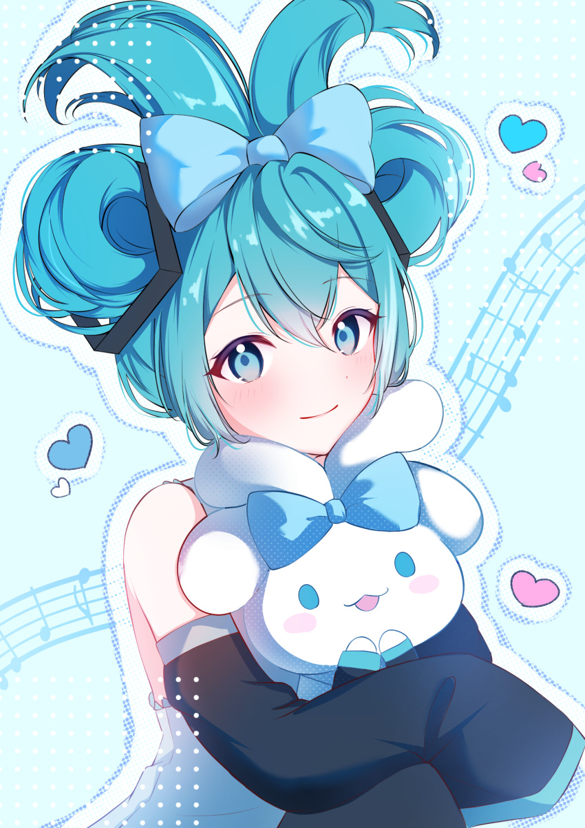 :3, aqua_hair, aqua_trim, black_sleeves, blue_background, blue_eyes, blush, bow