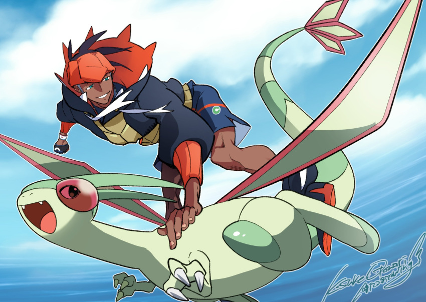 1boy, aqua_eyes, black_hair, blue_hoodie, blue_shorts, claws, clouds, cloudy_sky