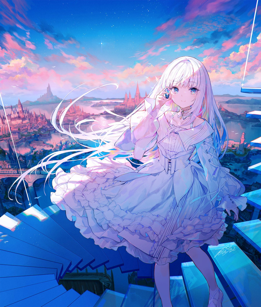1girl, blue_eyes, blue_gemstone, blue_sky, blunt_bangs, building, castle, closed_mouth