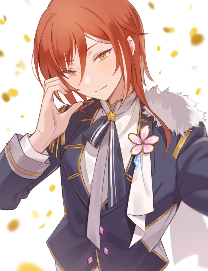 1boy, asymmetrical_sidelocks, bishounen, black_jacket, blazer, brooch, closed_mouth, ensemble_stars!, falling_petals, flower_pin, gold_trim, h4msterworld, half-heart_hands, hand_up, heart, heart_hands, jacket, jewelry, light_smile, long_sleeves, male_focus, mandarin_collar, neck_ribbon, petals, redhead, ribbon, sakasaki_natsume, shirt, short_hair_with_long_locks, side_cape, solo, star_brooch, upper_body, white_shirt, yellow_petals