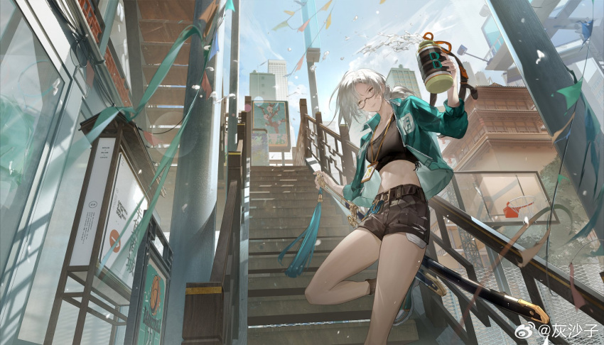 1girl, basketball_hoop, black_shorts, black_skirt, black_socks, blue_sky, bottle, building