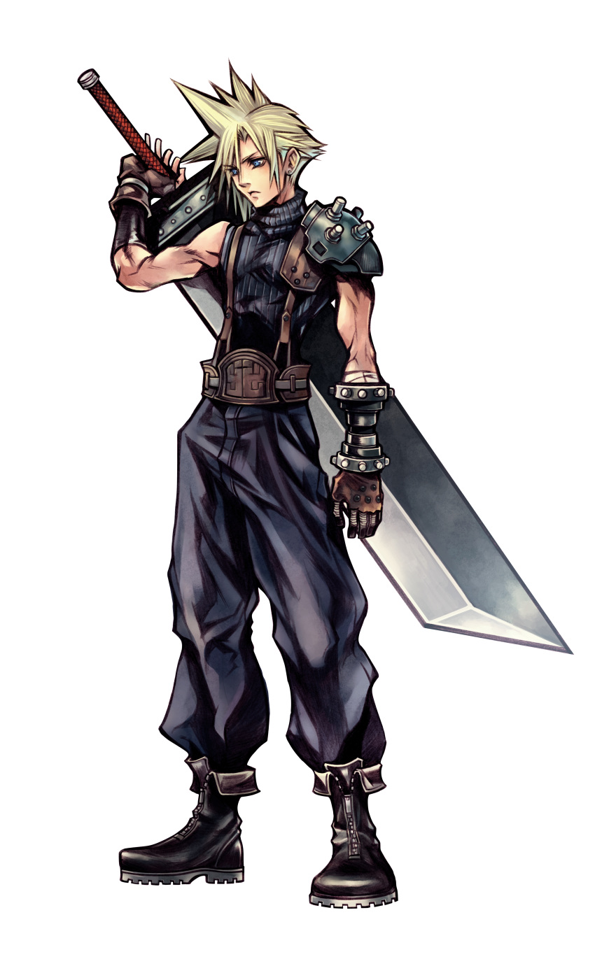 1boy, absurdres, blonde_hair, blue_eyes, boots, buster_sword, closed_mouth, cloud_strife