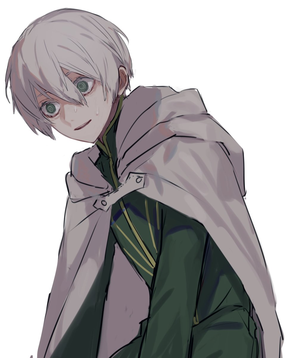 1boy, cape, cape_clasp, cowboy_shot, empty_eyes, green_eyes, green_robe, hair_behind_ear