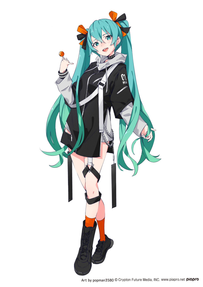 1girl, aqua_eyes, aqua_hair, asymmetrical_footwear, black_choker, black_footwear, blush, bracelet, candy, choker, commentary, crypton_future_media, figure_available, food, full_body, gradient_hair, grey_hoodie, hair_between_eyes, hatsune_miku, highres, holding, holding_candy, holding_food, holding_lollipop, hood, hoodie, jewelry, layered_sleeves, lollipop, long_hair, long_sleeves, looking_at_viewer, merchandise_available, mismatched_footwear, multicolored_hair, official_art, open_mouth, orange_socks, piapro, popman3580, short_over_long_sleeves, short_sleeves, simple_background, sleeves_past_wrists, socks, solo, studded_bracelet, studded_choker, teeth, thigh_strap, twintails, upper_teeth_only, very_long_hair, vocaloid, white_background