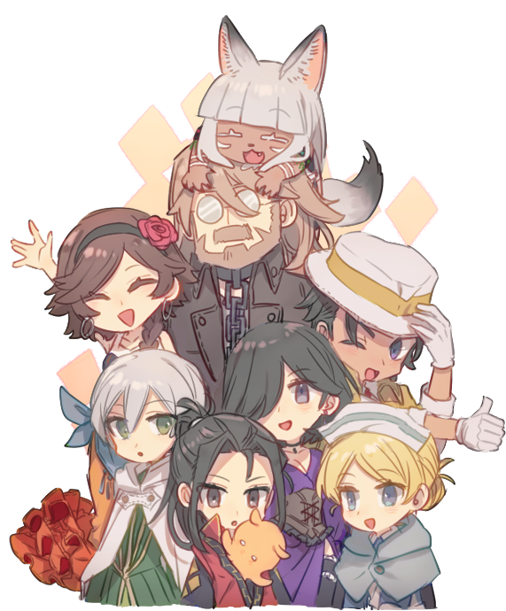 4boys, 4girls, adjusting_clothes, adjusting_headwear, agnea_bristarni, animal_ear_fluff, animal_ears, arm_up