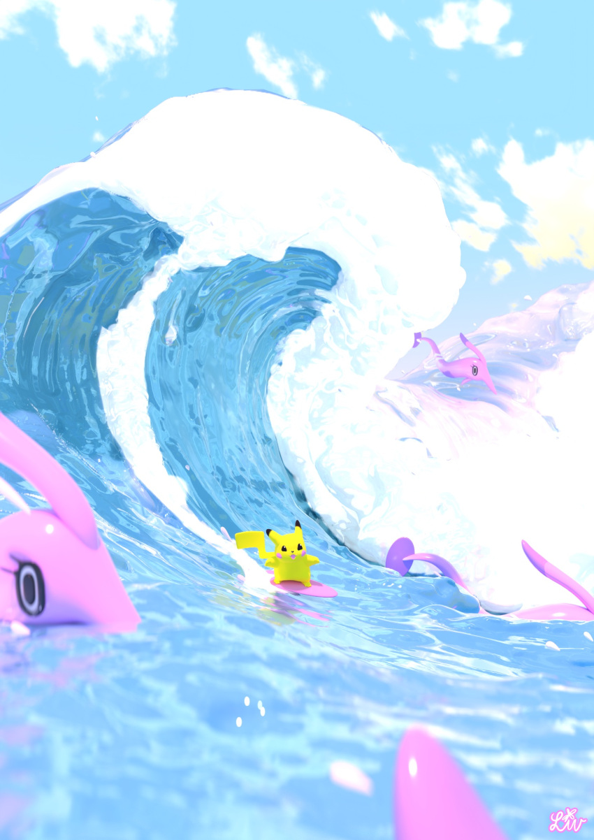 animal_focus, blue_sky, clouds, commentary, english_commentary, gorebyss, highres, medium_request, no_humans, ocean, olivia_haines, outdoors, pikachu, pokemon, pokemon_(creature), sky, surfboard, surfing_pikachu, tail, water, waves