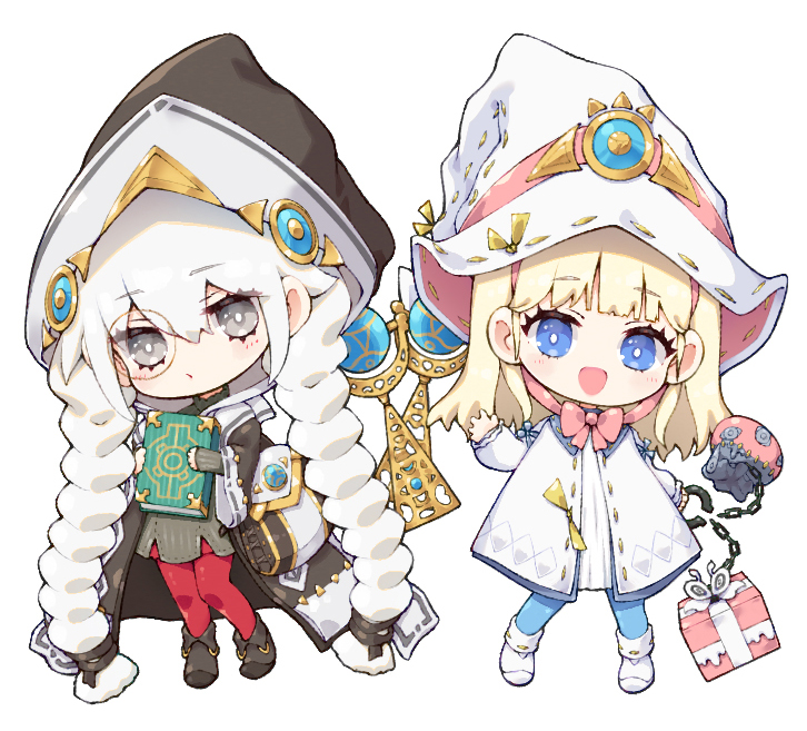 2girls, astellar_of_the_white_forest, blonde_hair, blue_eyes, brown_cloak, brown_sweater, chibi, chibi_only