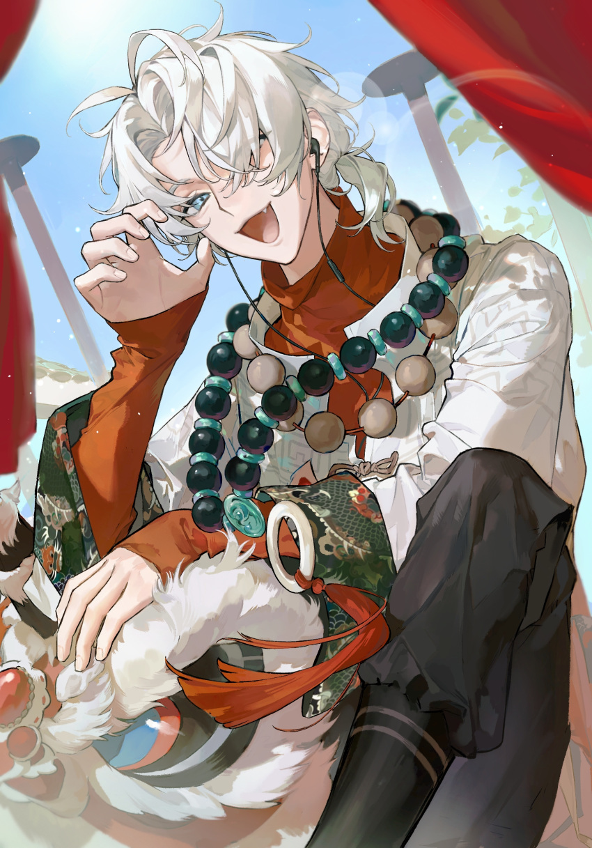 1boy, :d, bead_necklace, beads, black_pants, black_socks, blue_eyes, blue_sky