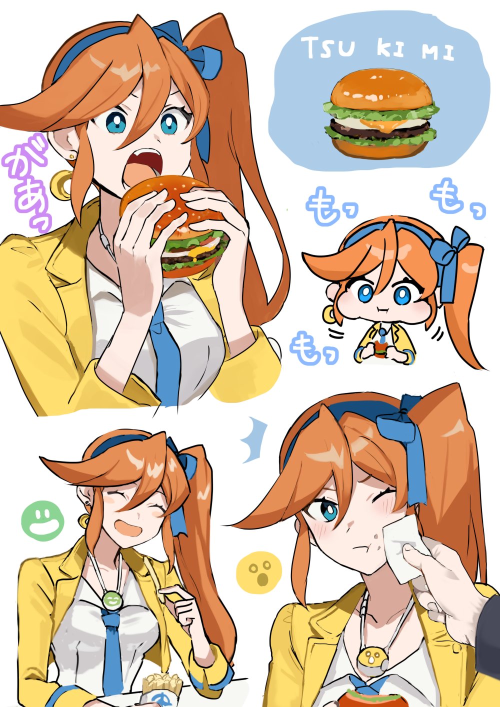 1girl, ace_attorney, athena_cykes, blue_eyes, blue_hairband, blue_necktie, blue_ribbon, burger