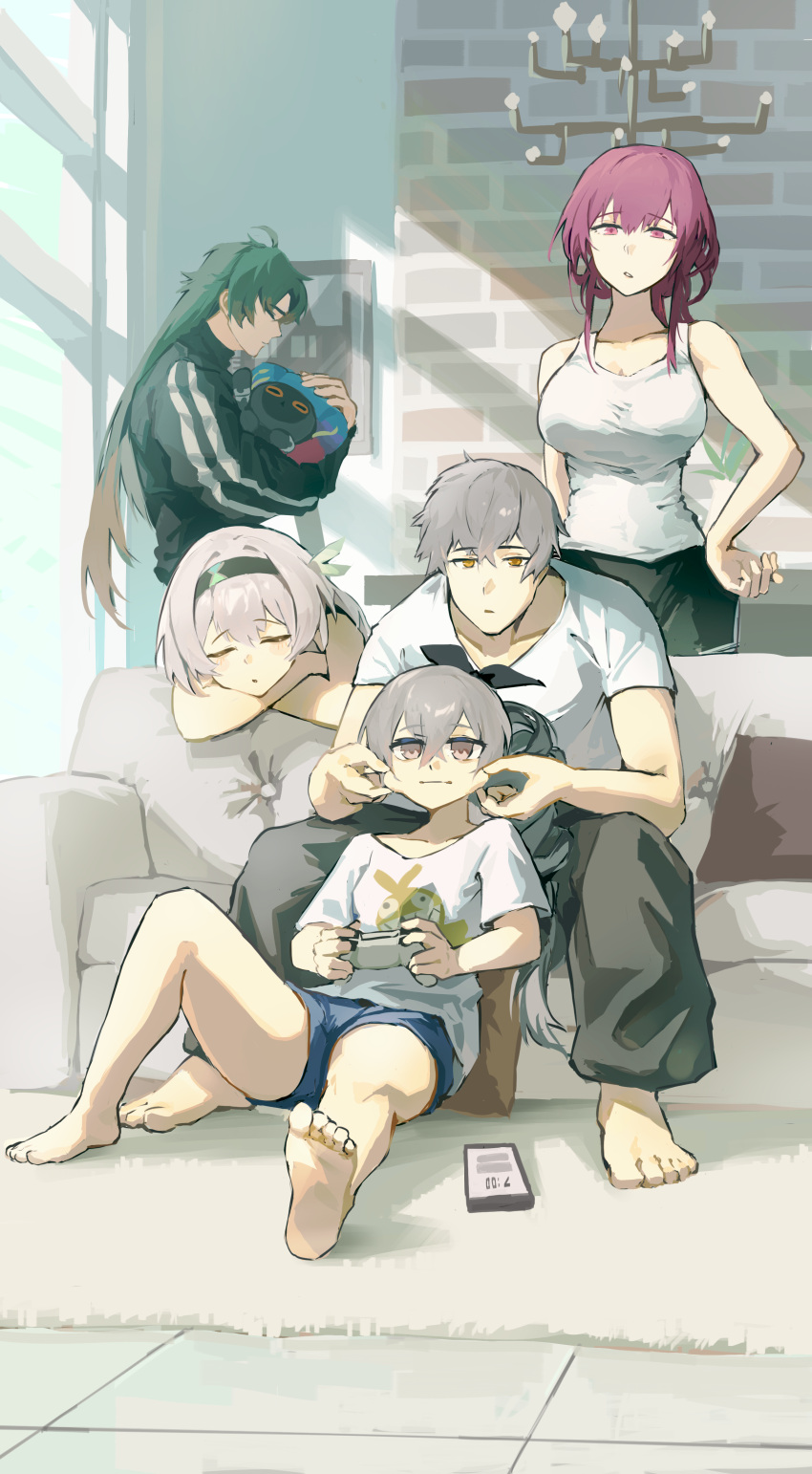 1other, 2boys, 3girls, absurdres, alternate_costume, animal, bare_shoulders, barefoot