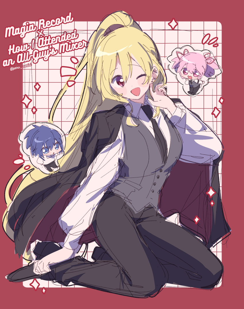 3girls, :o, absurdres, black_coat, black_footwear, black_necktie, black_pants, blonde_hair