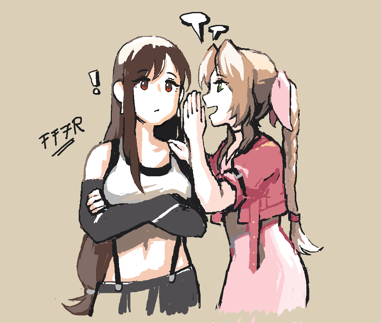 !, 2girls, aerith_gainsborough, asymmetrical_sidelocks, black_choker, black_gloves, black_skirt, blank_speech_bubble, braid, brown_background, brown_hair, choker, commentary, cropped_jacket, cropped_legs, cropped_shirt, crossed_arms, detached_sleeves, dress, english_commentary, expressionless, facing_to_the_side, final_fantasy, final_fantasy_vii, final_fantasy_vii_remake, fingerless_gloves, gloves, green_eyes, hair_ribbon, hand_on_another's_shoulder, hands_up, jacket, light_smile, long_dress, long_hair, looking_at_another, low-tied_long_hair, multiple_girls, open_clothes, open_jacket, pink_dress, pink_ribbon, ponytail, red_eyes, red_jacket, ribbon, short_sleeves, single_braid, skirt, snoozaga, speech_bubble, suspenders, tank_top, tifa_lockhart, upper_body, very_long_hair, whispering_in_ear, white_tank_top
