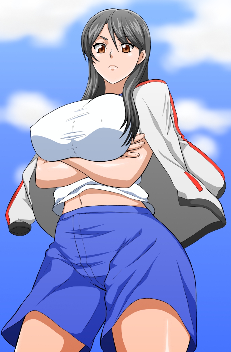 black_hair, breast_hold, breasts, brown_eyes, crossed_arms, frown, fukiyose_seiri, hokuto_(pixiv)
