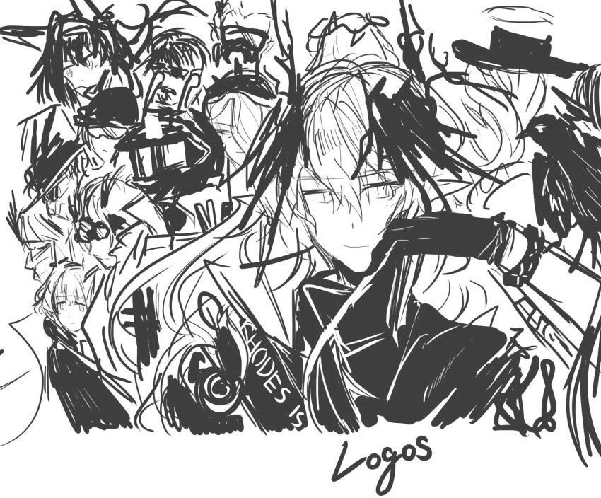 ace_(arknights), arknights, blaze_(arknights), cat_girl, demon_boy, greyscale, horns, logos_(arknights)