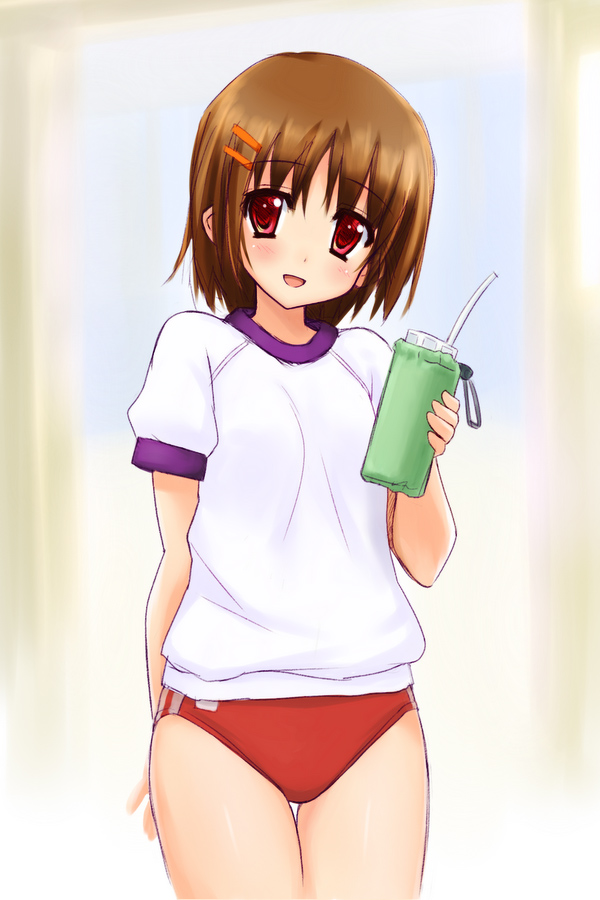 :d, brown_hair, buruma, copyright_request, drink, gym_uniform, hair_ornament, hairclip
