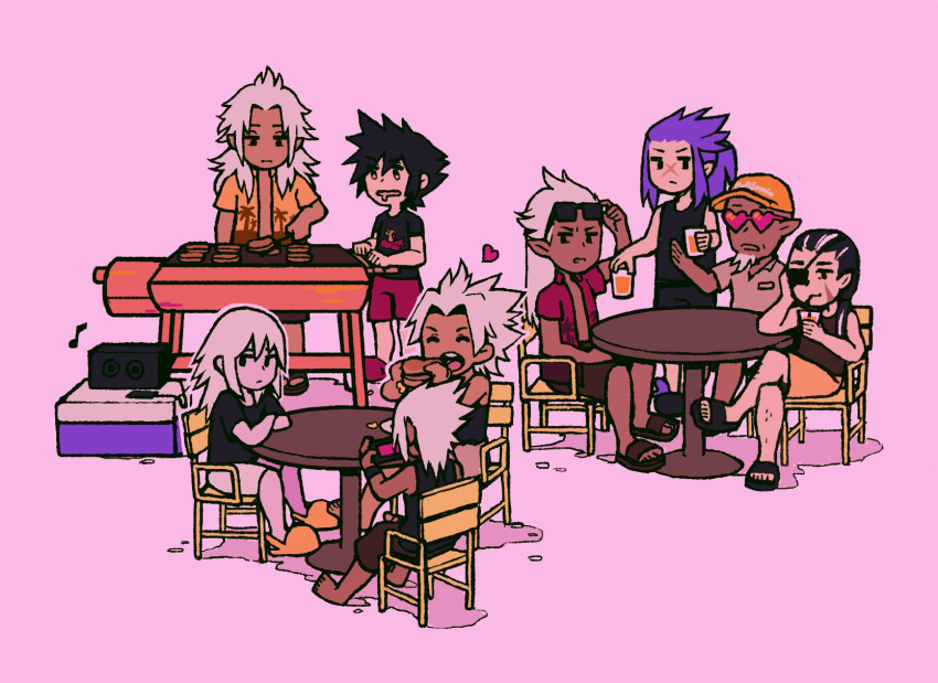 6+boys, adjusting_eyewear, alternate_costume, annoyed, ansem_seeker_of_darkness, barefoot, black_eyes, black_footwear