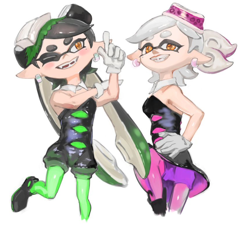 2girls, ;d, bare_shoulders, black_dress, black_footwear, black_hair, black_jumpsuit, callie_(splatoon)