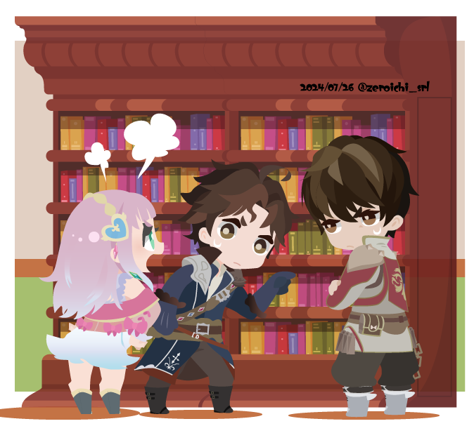 01_(zeroichi_srl), 1girl, 2boys, atelier_(series), atelier_lulua, black_footwear, blue_coat, blue_eyes