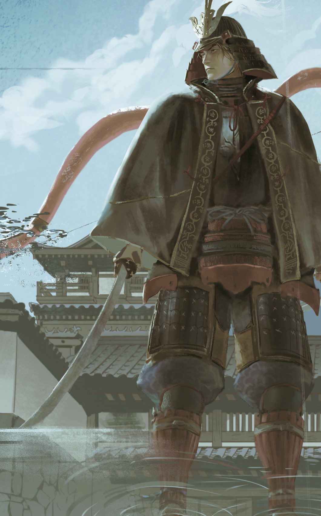 1boy, architecture, armor, ashina_genichirou, bow_(weapon), clouds, east_asian_architecture, from_below