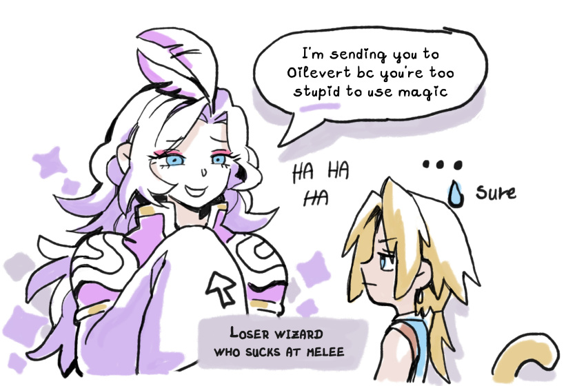 ..., 2boys, absurdres, arrow_(symbol), blonde_hair, blue_eyes, cropped_torso, english_text